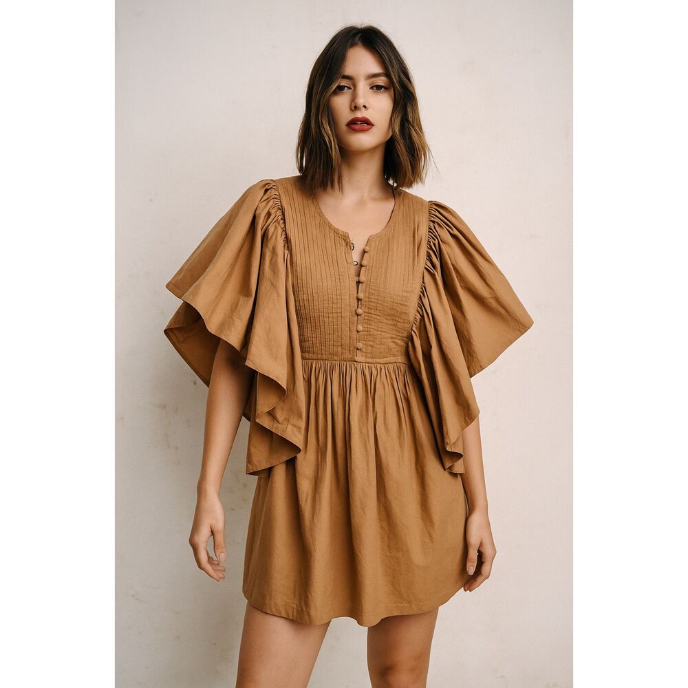 Hotel Particulier Billowy Sleeves Bohemian Chic Cotton Mini Camel-Brown Dress S